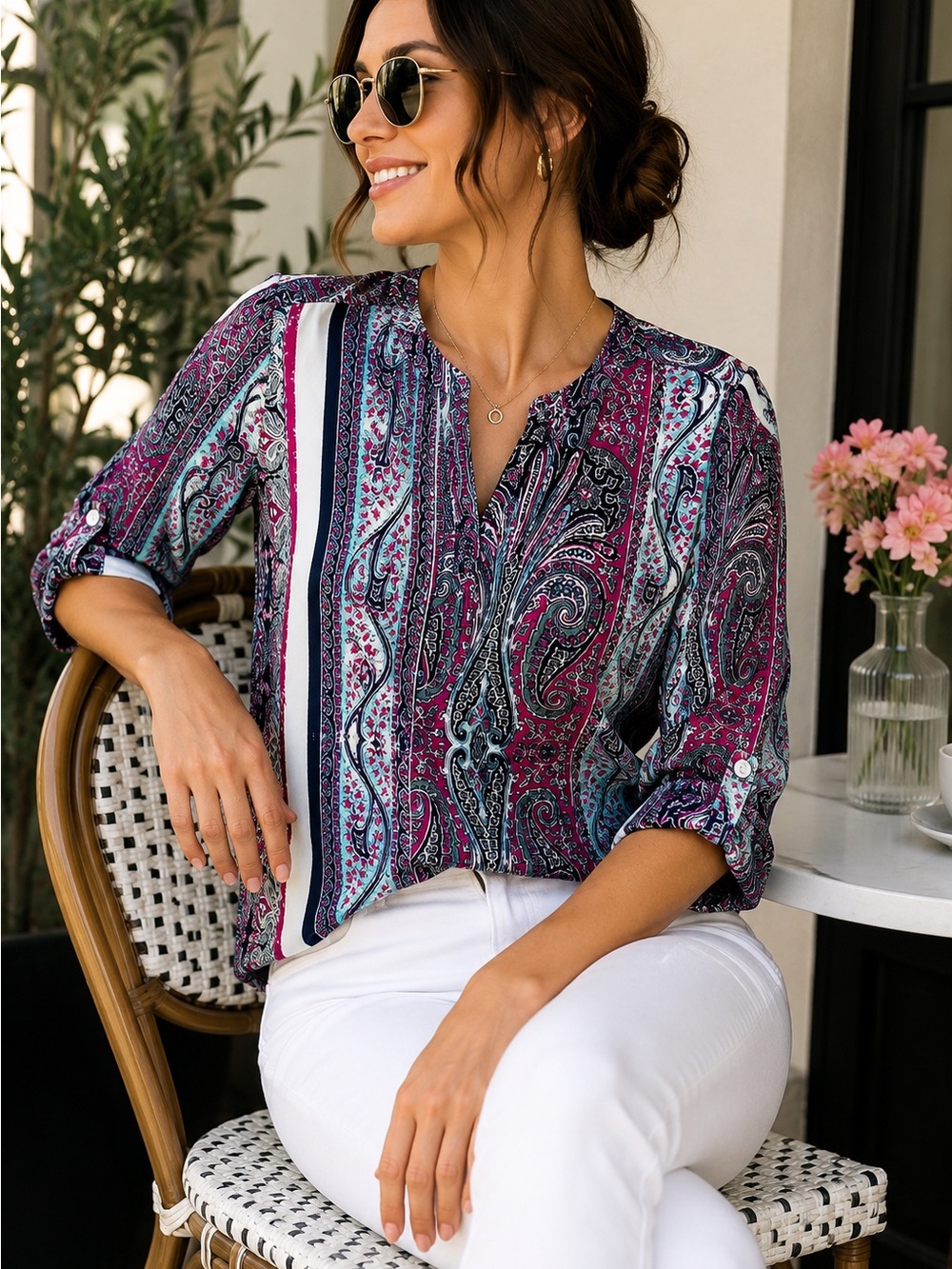 Van Heusen Paisley Split-Neck Blouse in Magenta and Teal